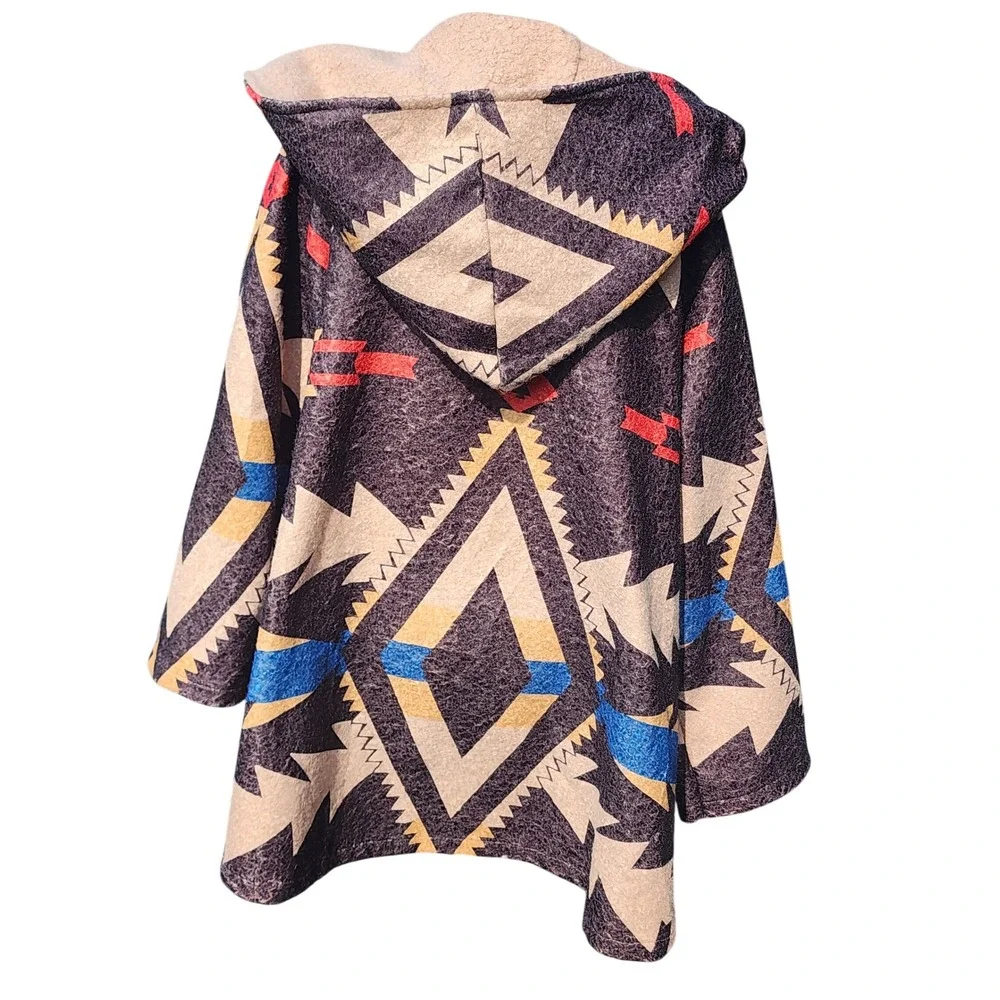 Vintage Indigo Thread Co Aztec Hooded Toggle Coat Sized L Sherpa Lined Rustic
